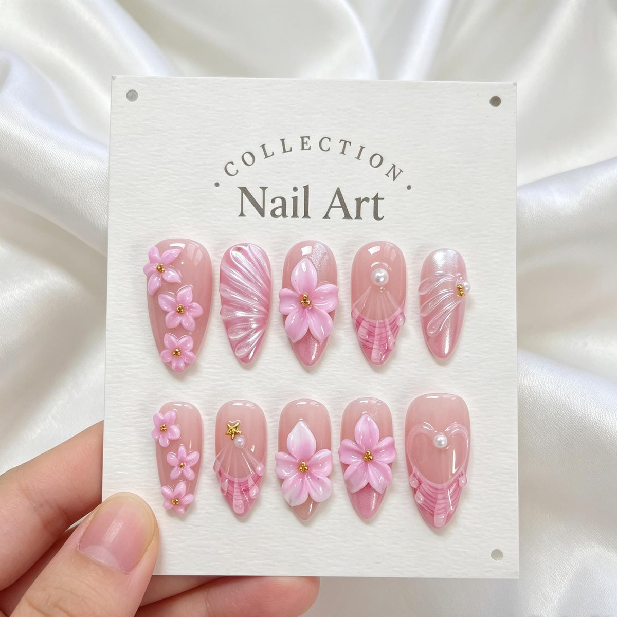 Blush Pink 3D Floral Nails With Pearly Shell Details