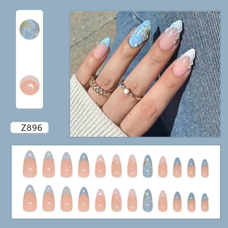 Blush Pink and Blue French Tip Floral Press On Nails