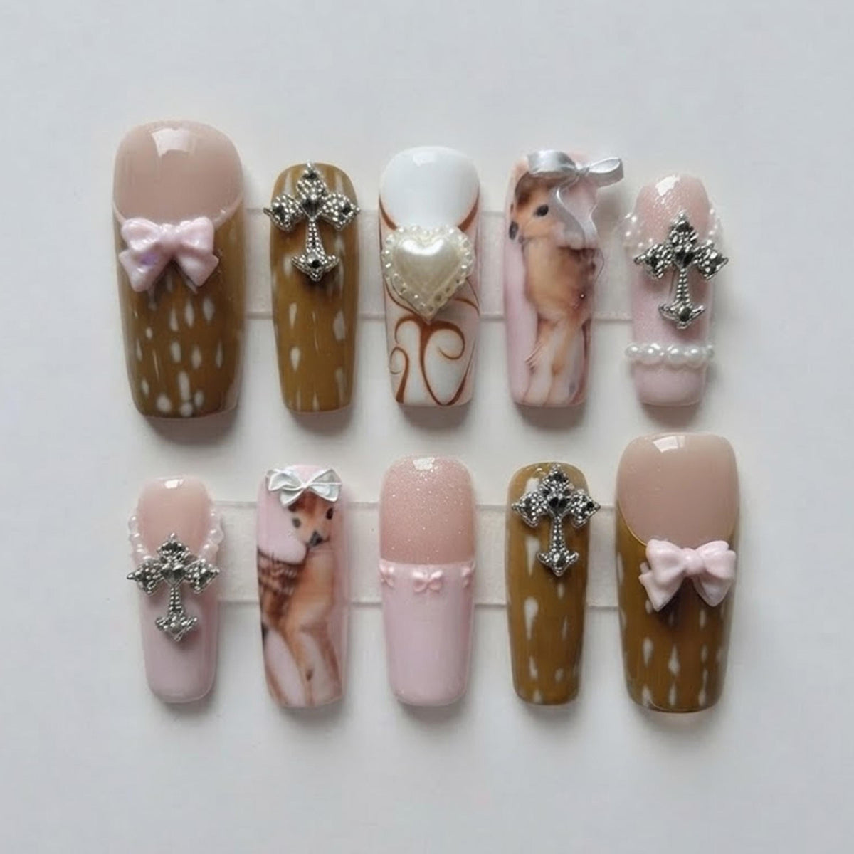 Blush Pink and Brown Fawn Press On Nails with Bows, Pearls and Cross Charms