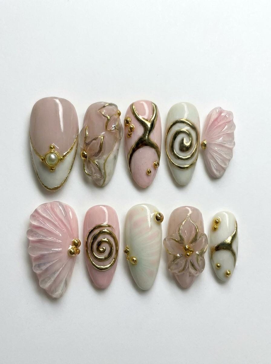 Blush Pink and Ivory Bridal Nails with Gold Swirls, Shells and Floral Details