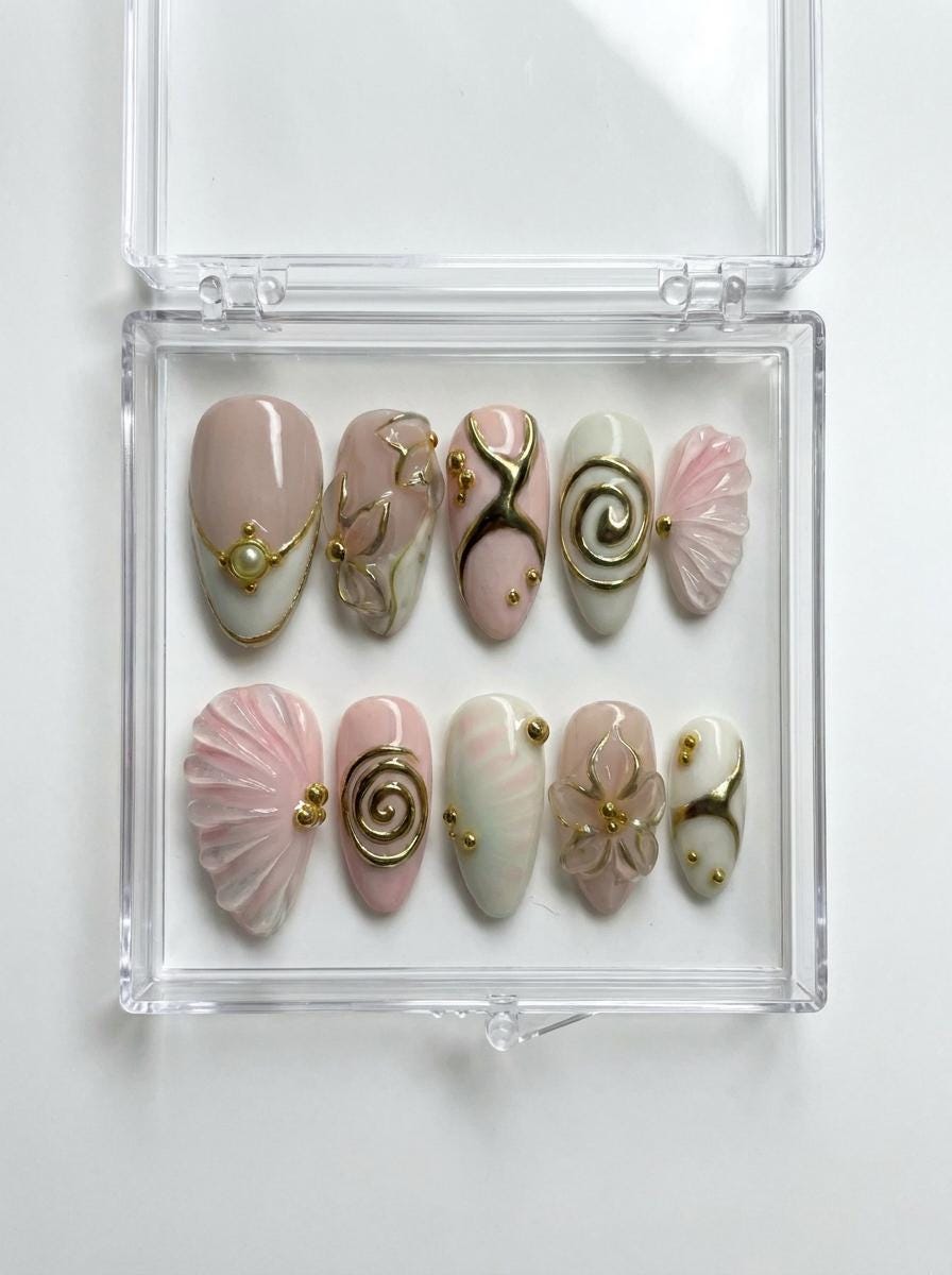 Blush Pink and Ivory Bridal Nails with Gold Swirls, Shells and Floral Details