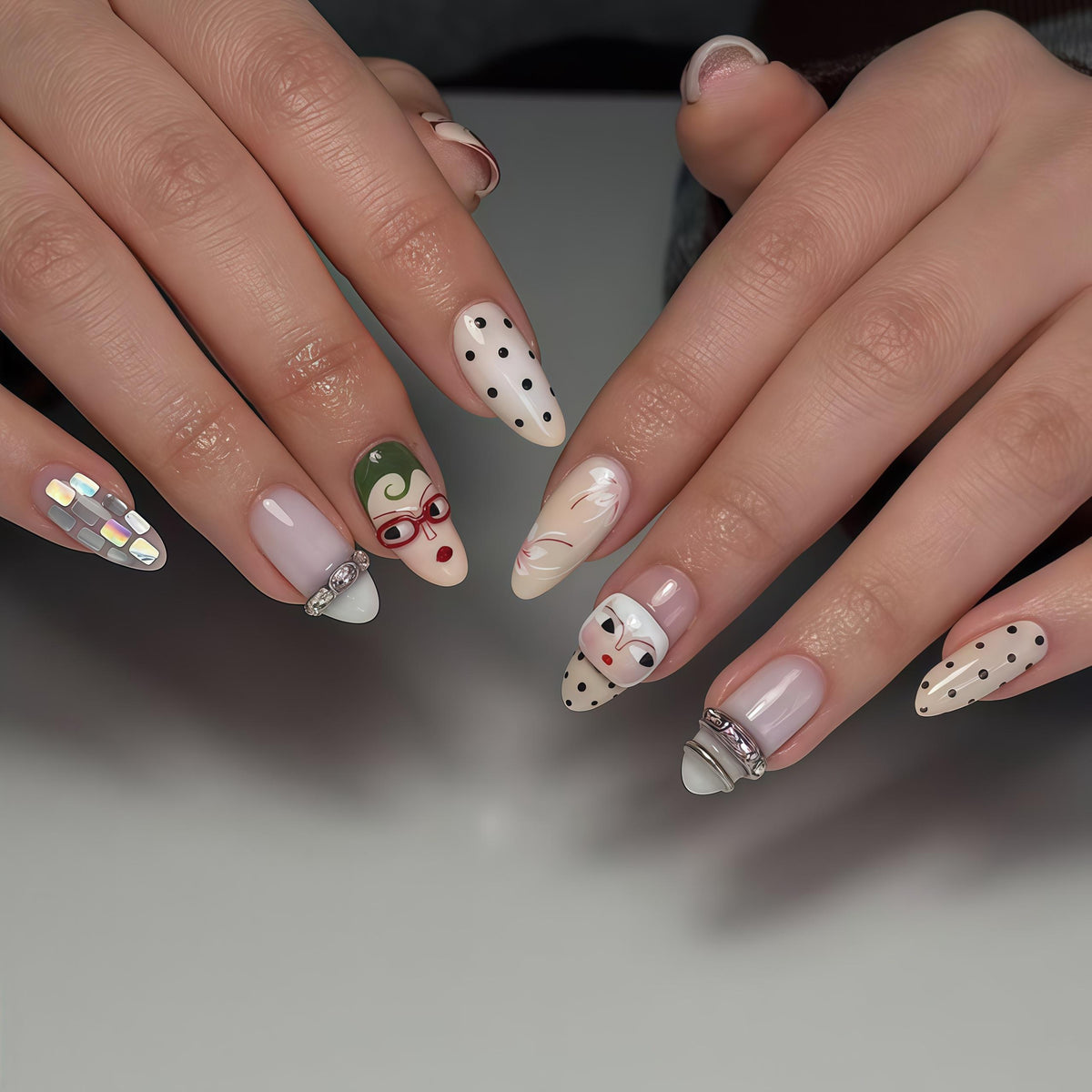 Blush Pink and Ivory Clown Face Polka Dot Nails with Iridescent Accents