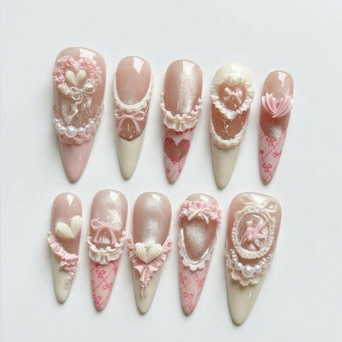Blush Pink and Ivory Coquette Nails with 3D Bows, Ruffles, Hearts and Pearls