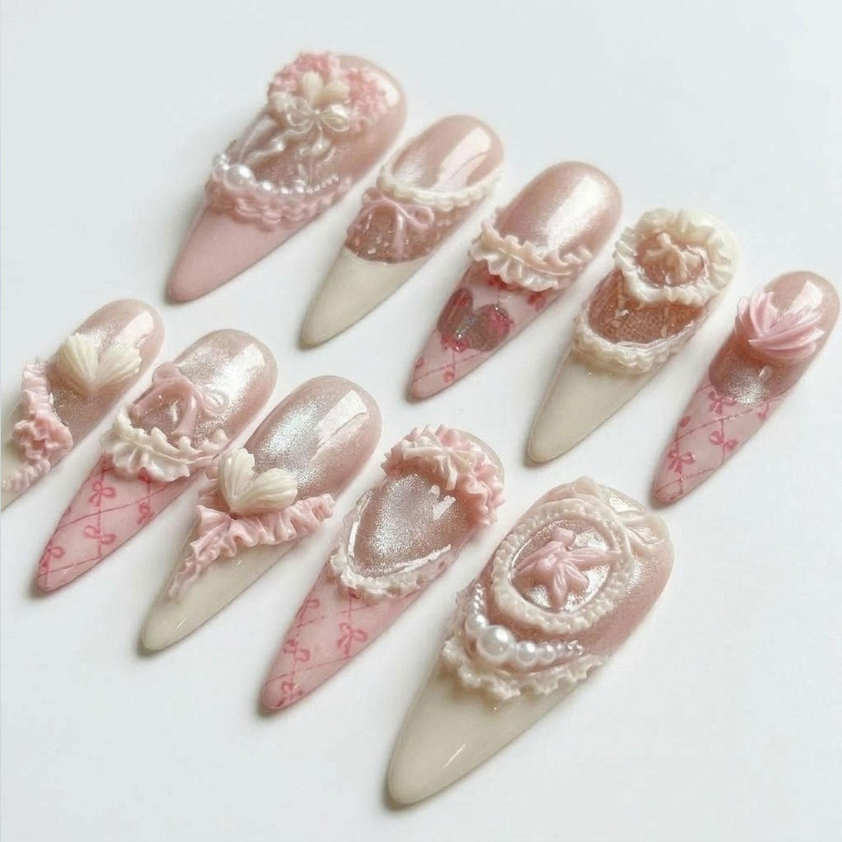 Blush Pink and Ivory Coquette Nails with 3D Bows, Ruffles, Hearts and Pearls