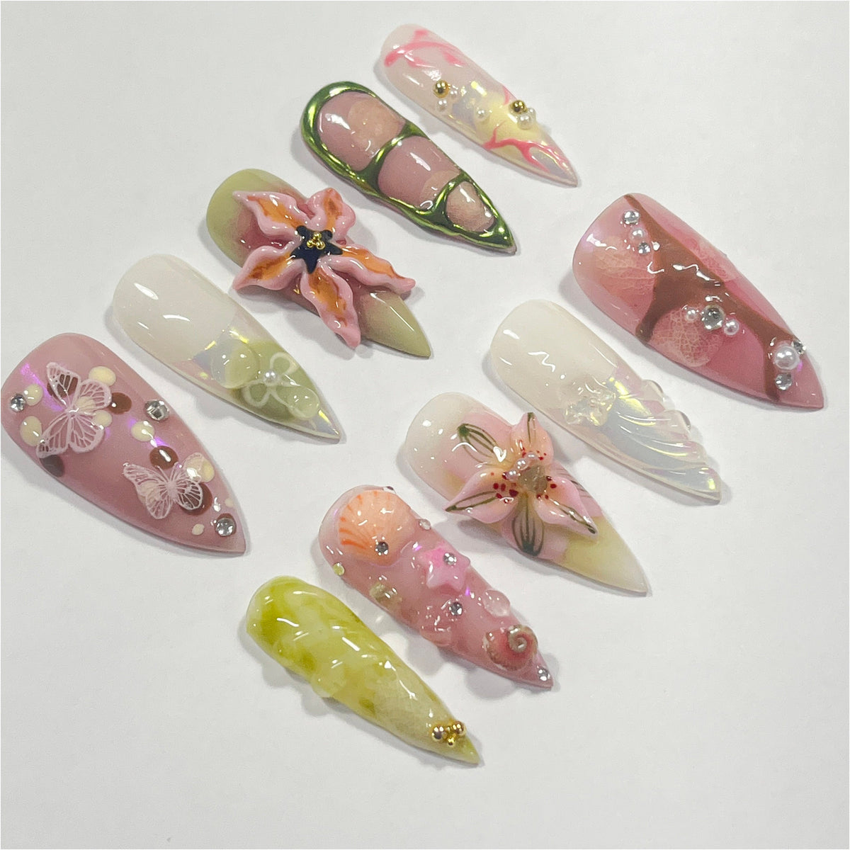 Blush Pink and Lime Fairy Garden Nails with 3D Flowers and Butterflies