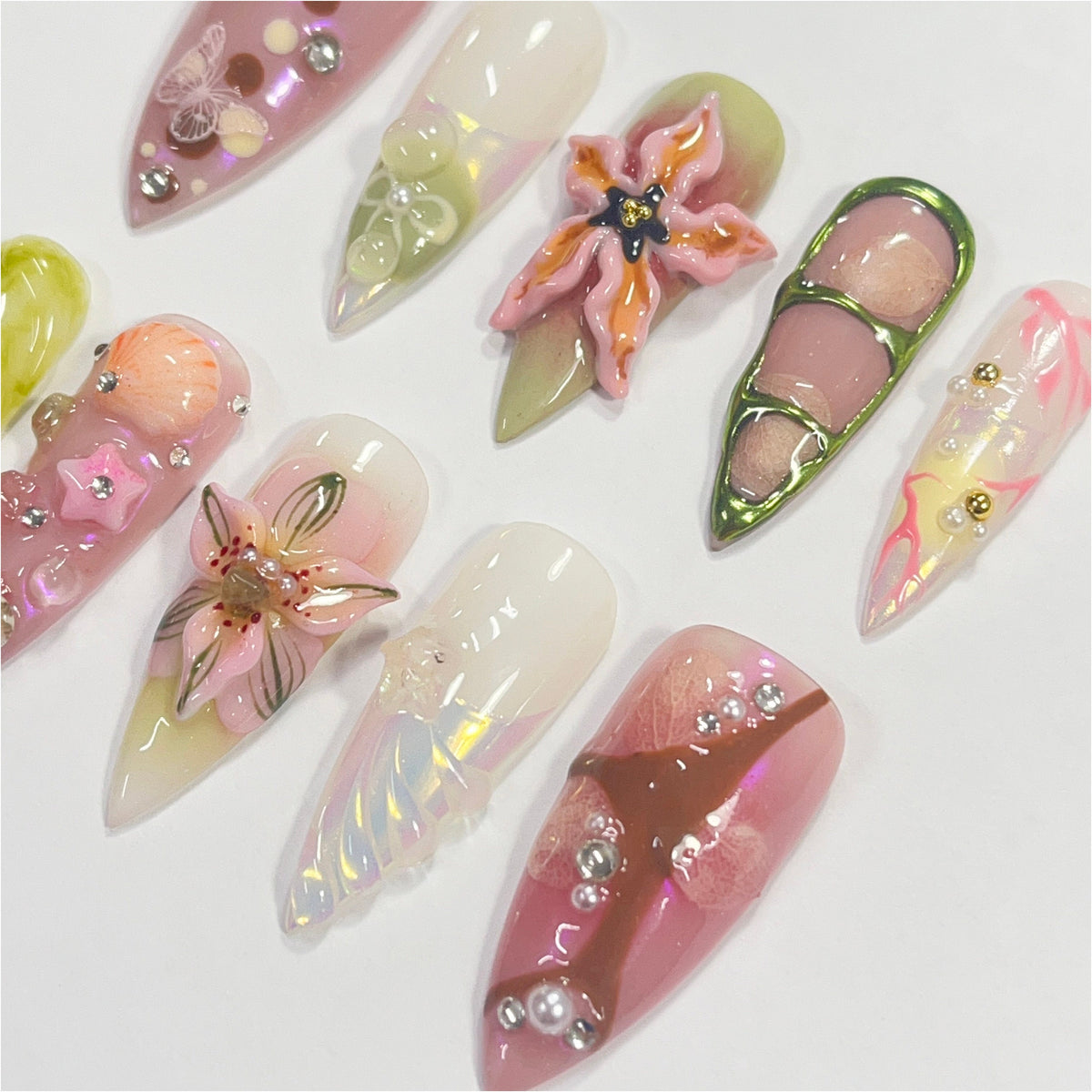 Blush Pink and Lime Fairy Garden Nails with 3D Flowers and Butterflies