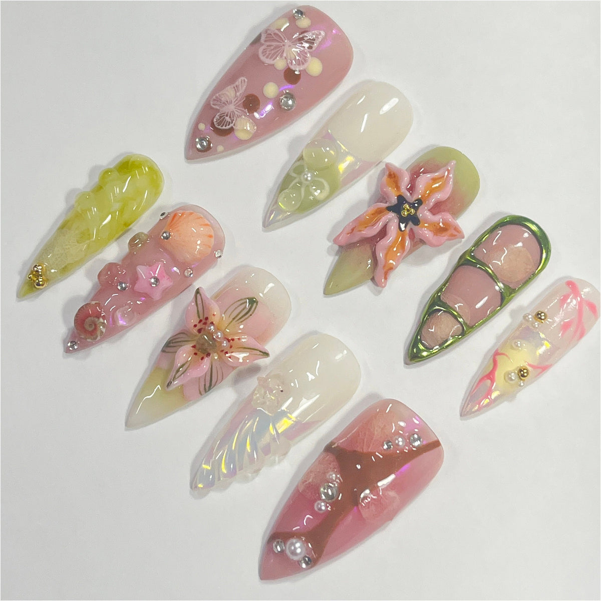 Blush Pink and Lime Fairy Garden Nails with 3D Flowers and Butterflies