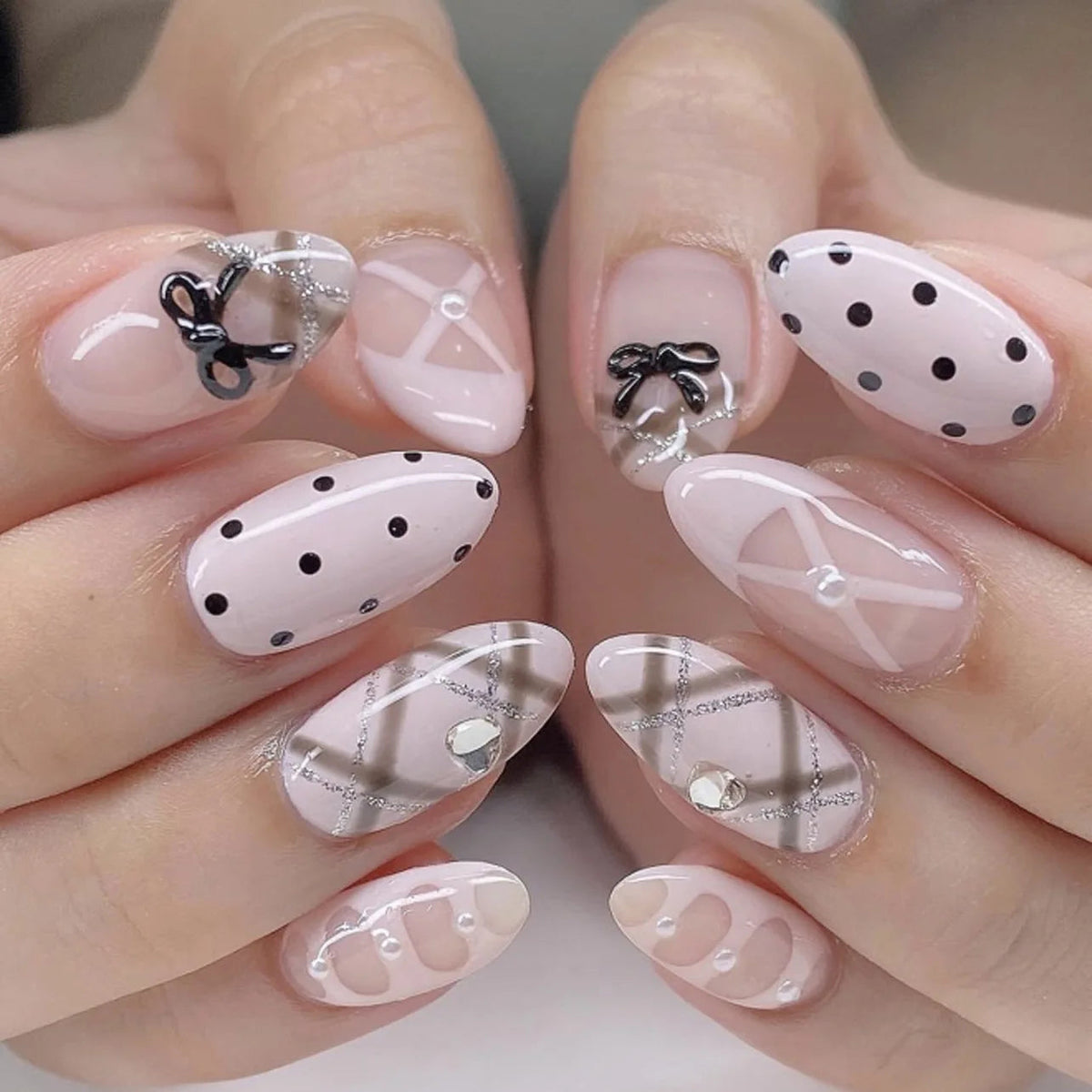 Blush Pink and Sheer Plaid Nails with Black Bows, Hearts and Polka Dots