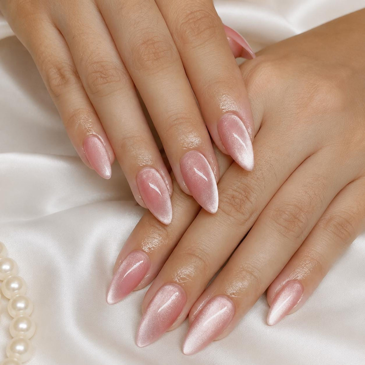 Blush Pink and Silver Cat Eye Press On Nails