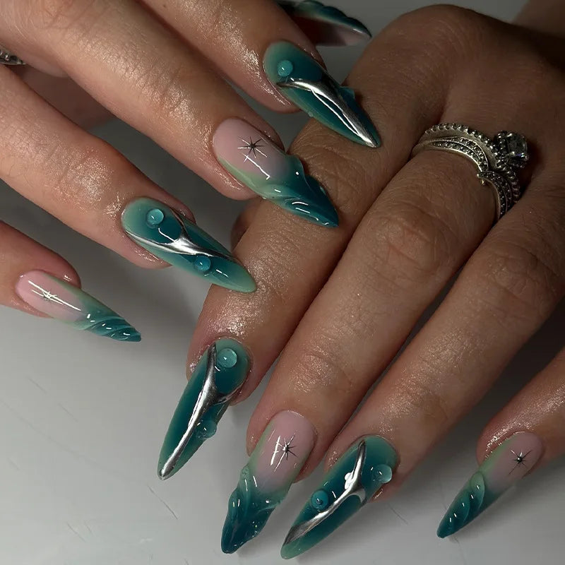 Blush Pink and Teal Chrome Abstract Press On Nails