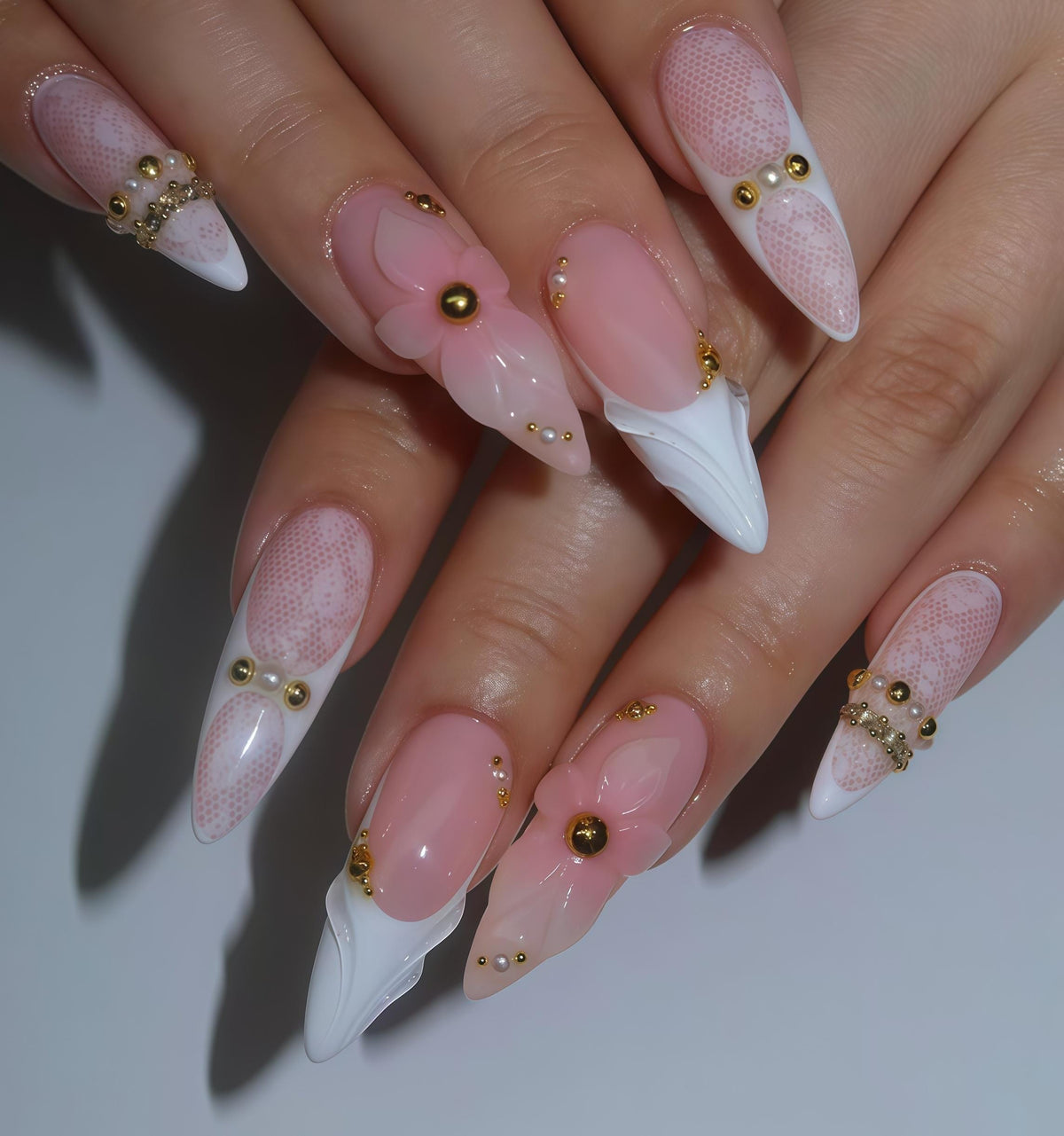 Blush Pink and White 3D Flower Nails with Lace Details and Gold Beads