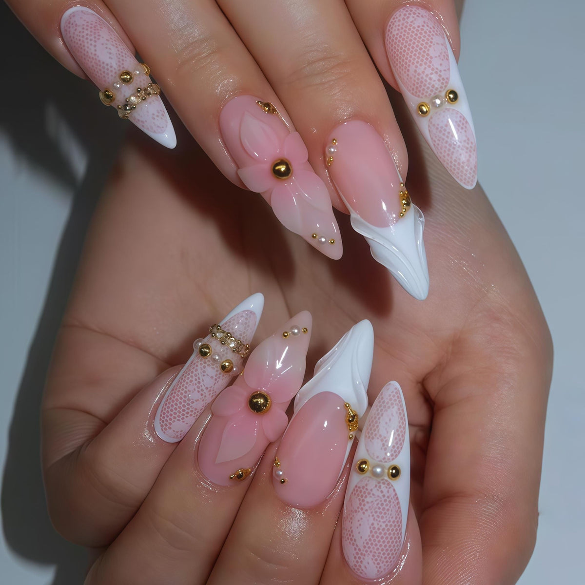 Blush Pink and White 3D Flower Nails with Lace Details and Gold Beads