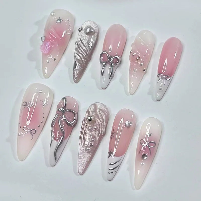 Blush Pink and White Chrome Bow and Star Press-On Nails
