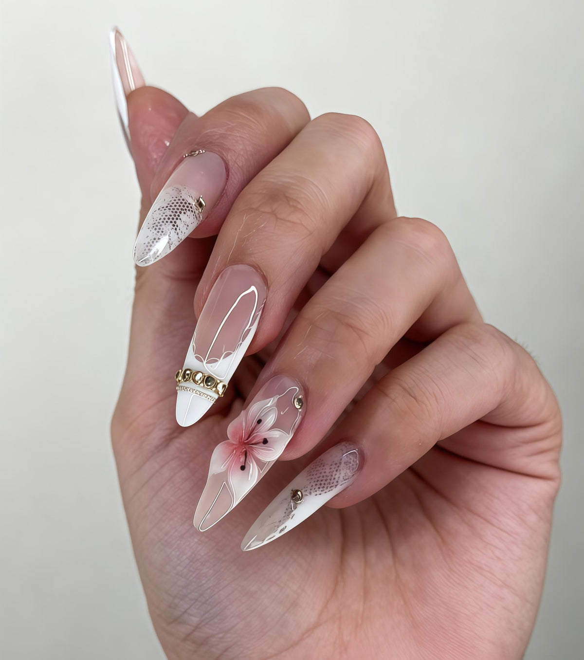 Blush Pink and White Floral Lace Press On Nails with Gold Accents