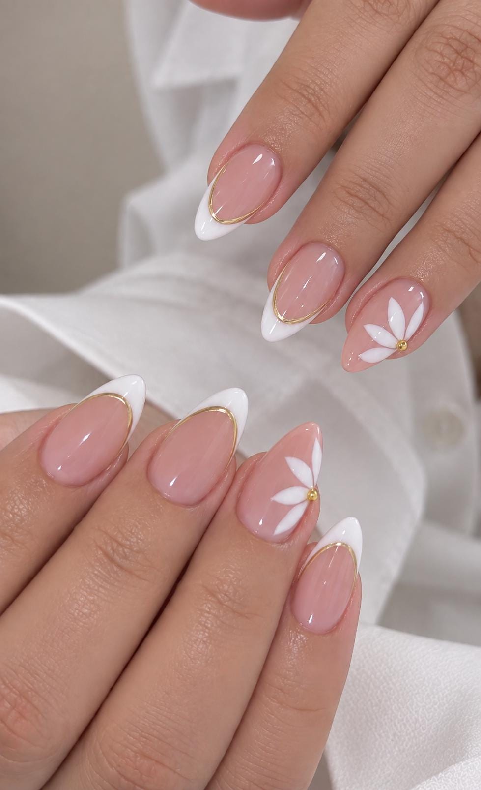 Blush Pink Bridal French Tip Nail Set with Gold Lines and White Flowers