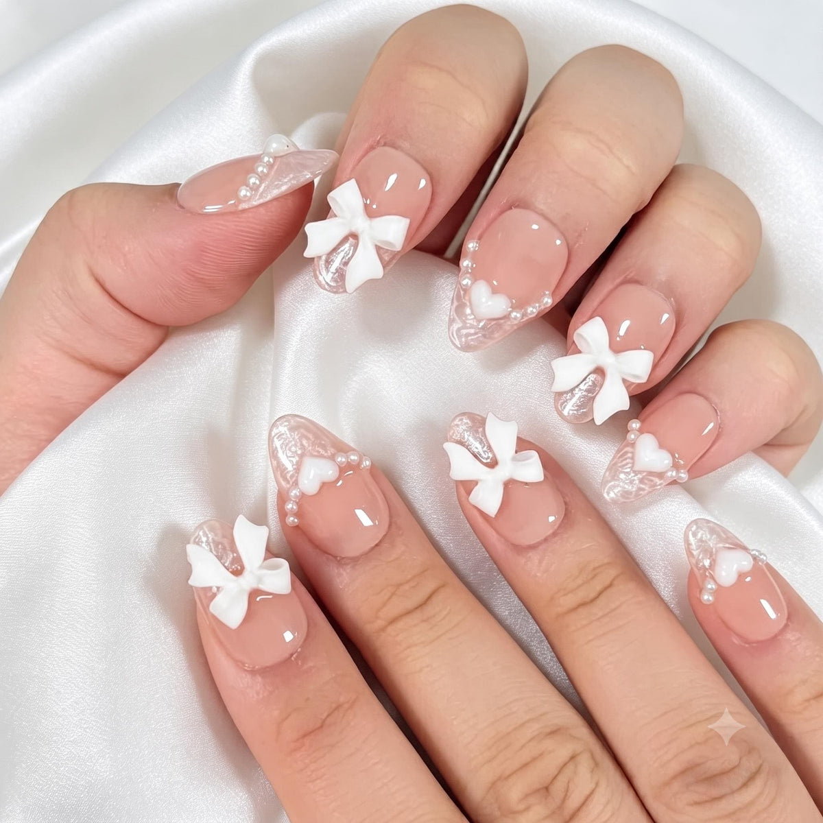 Blush Pink Bridal Lace French Tip Nails With Pearl Accents and 3D White Bows