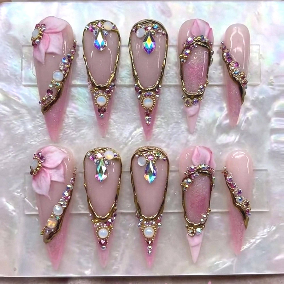 Blush Pink Bridal Press On Nails with 3D Flowers, Gold Frames and Iridescent Rhinestones