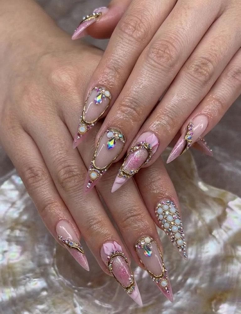 Blush Pink Bridal Press On Nails with 3D Flowers, Gold Frames and Iridescent Rhinestones