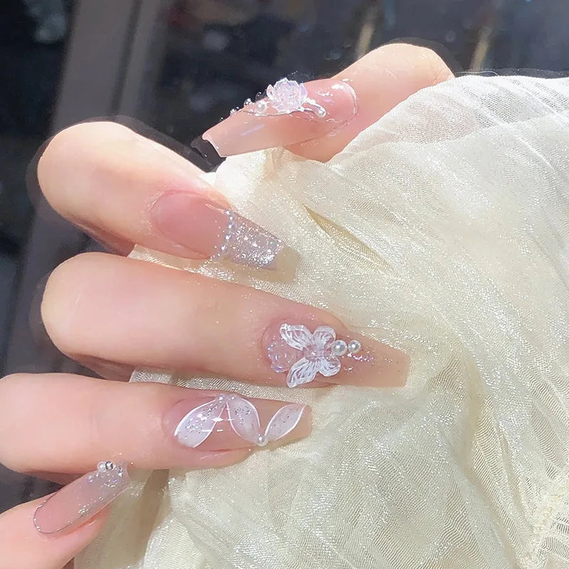 Blush Pink Butterfly Press On Nails with Silver Glitter and 3D Accents