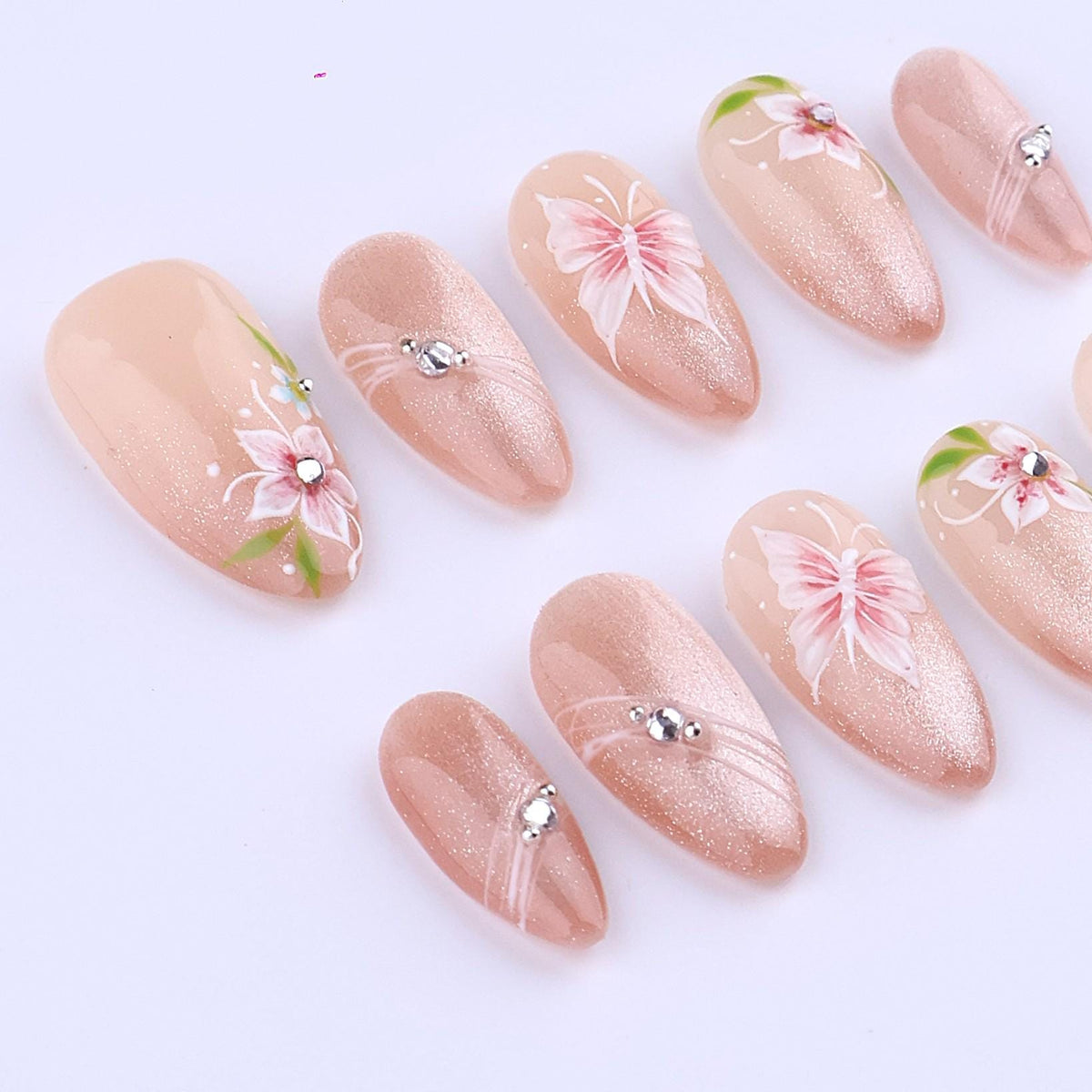 Blush Pink Cat Eye Floral Press On Nails With Crystal Accents