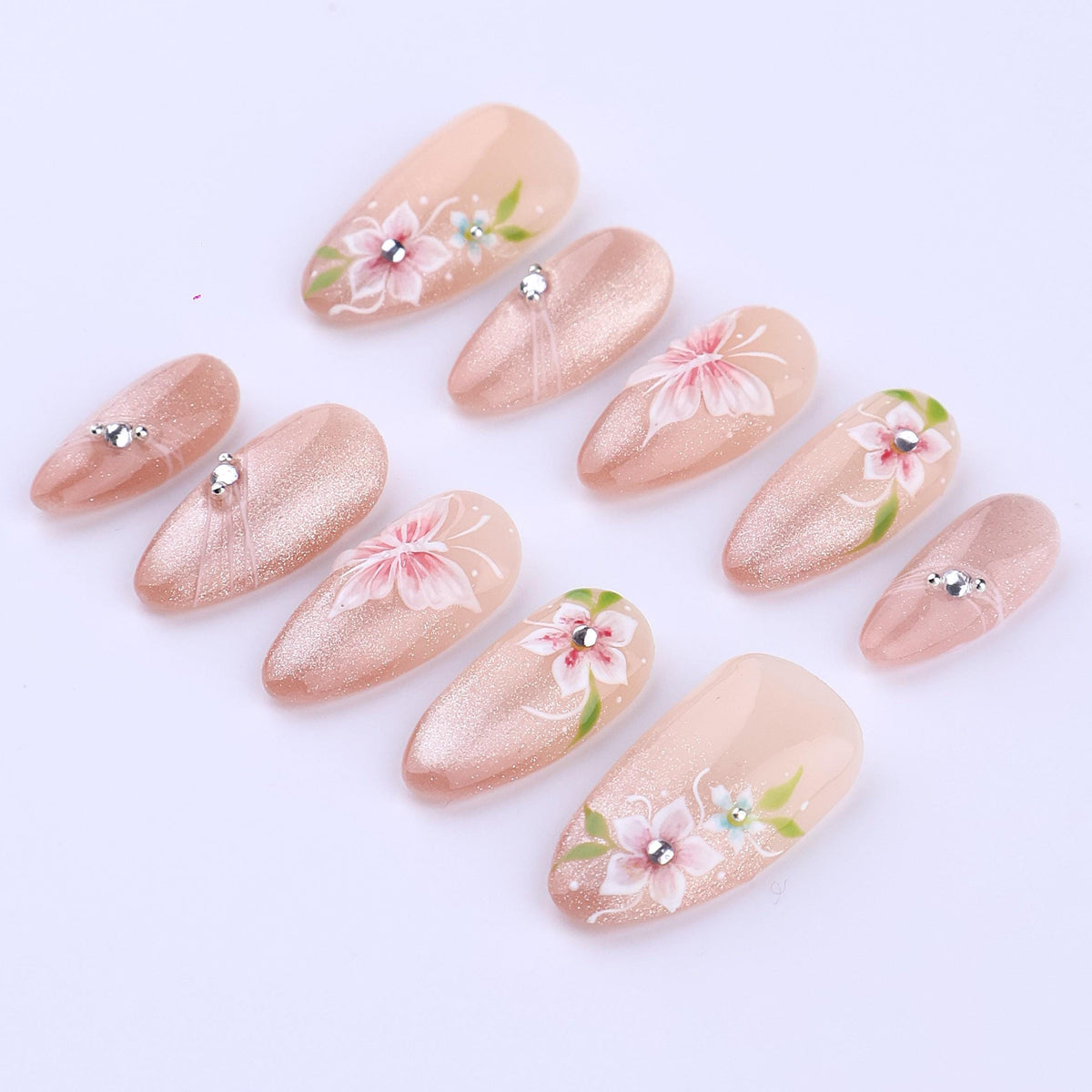 Blush Pink Cat Eye Floral Press On Nails With Crystal Accents
