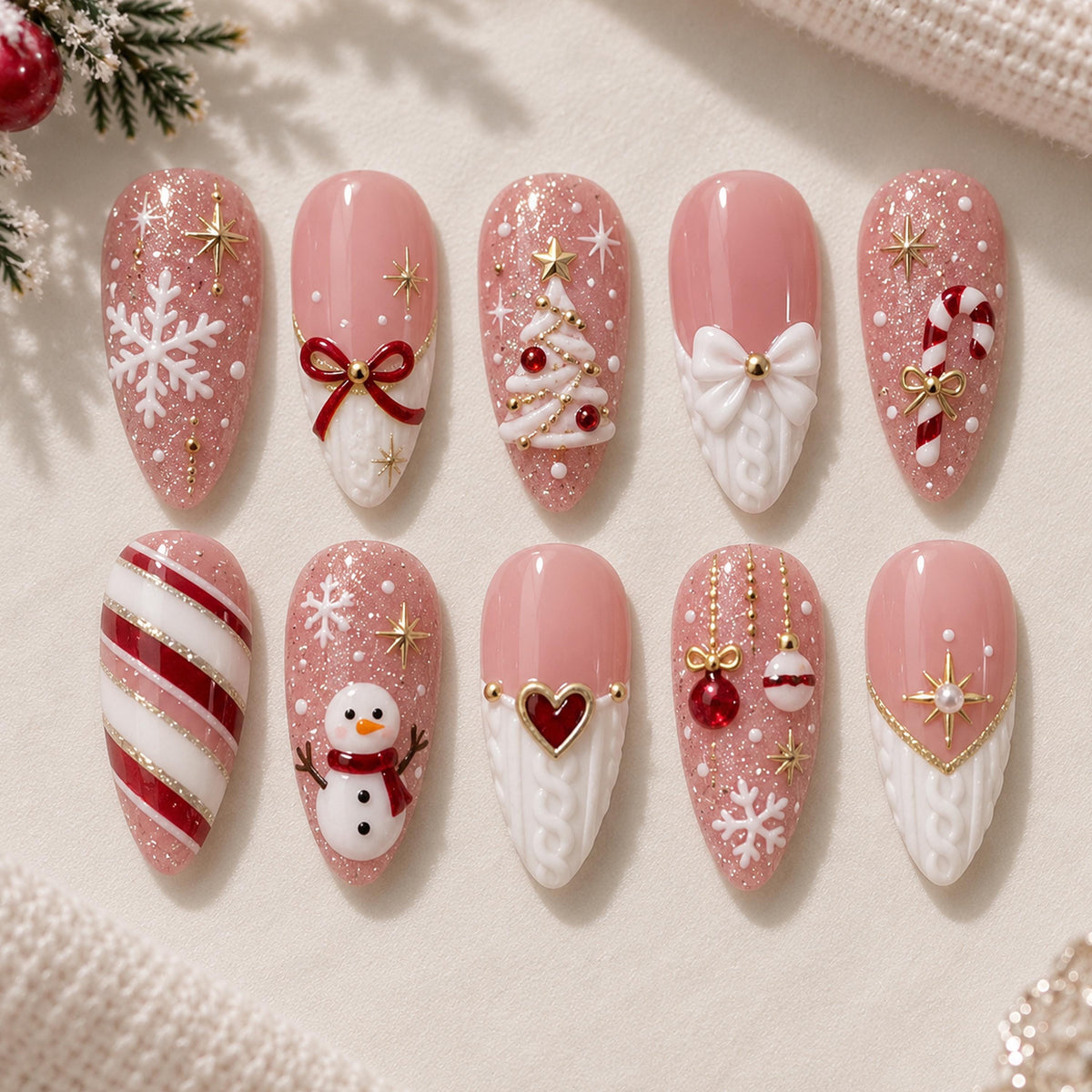 Blush Pink Christmas Nail Set With Snowflakes, Candy Canes and Raised Sweater Details