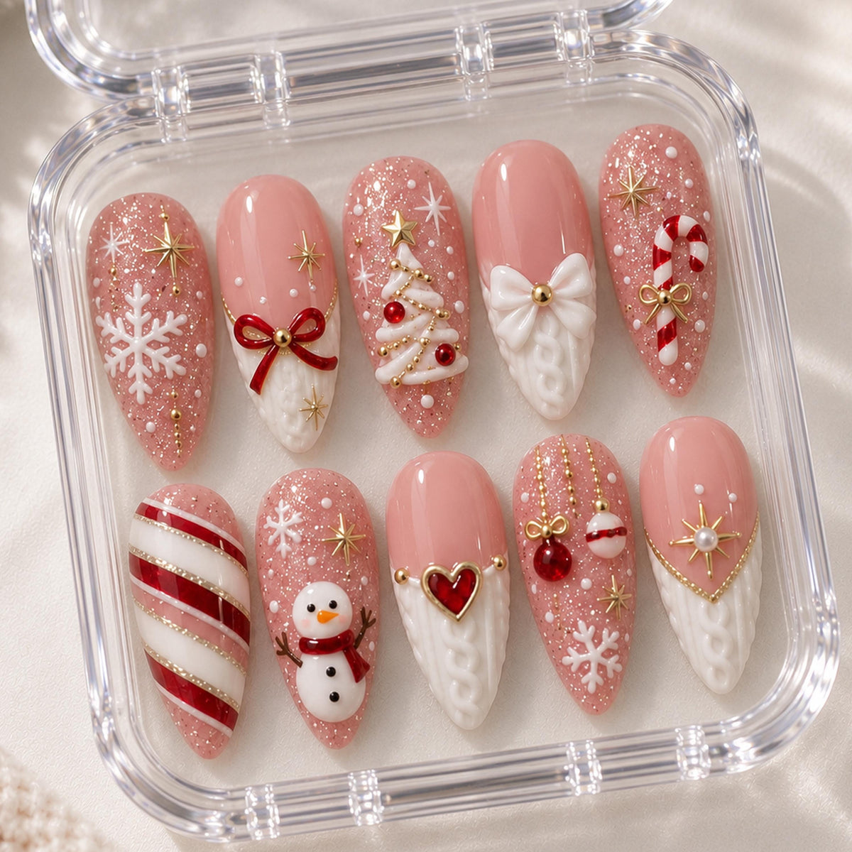 Blush Pink Christmas Nail Set With Snowflakes, Candy Canes and Raised Sweater Details