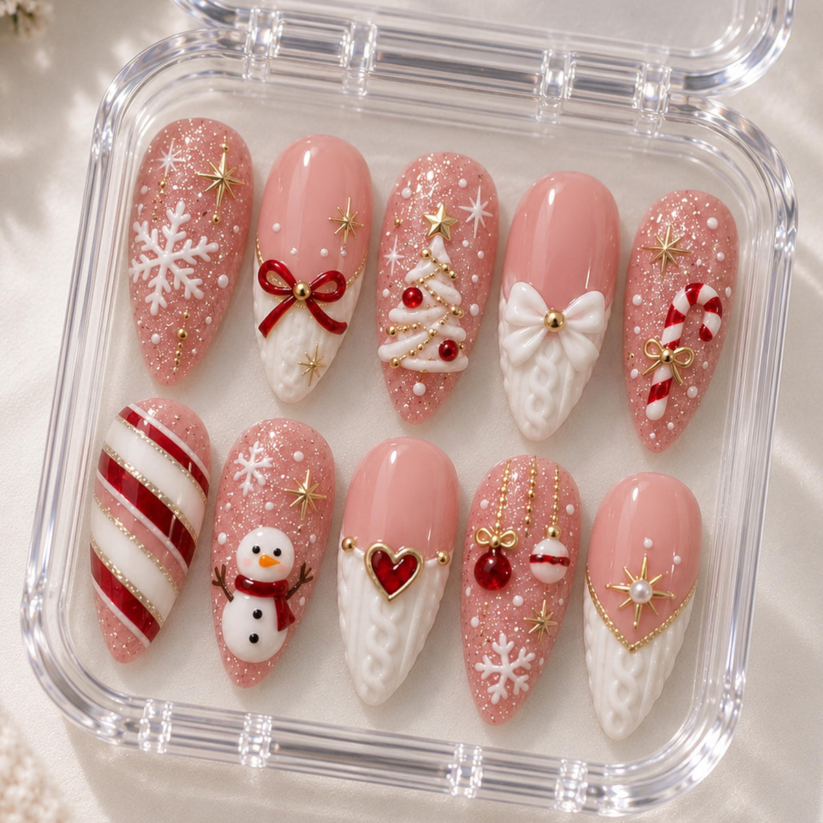 Blush Pink Christmas Nail Set With Snowflakes, Candy Canes and Raised Sweater Details