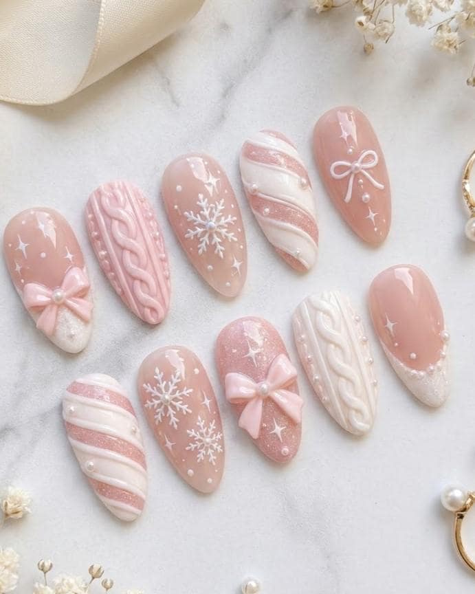 Blush Pink Christmas Nails With Bow, Cable-Knit Texture, Snowflakes and French Tips
