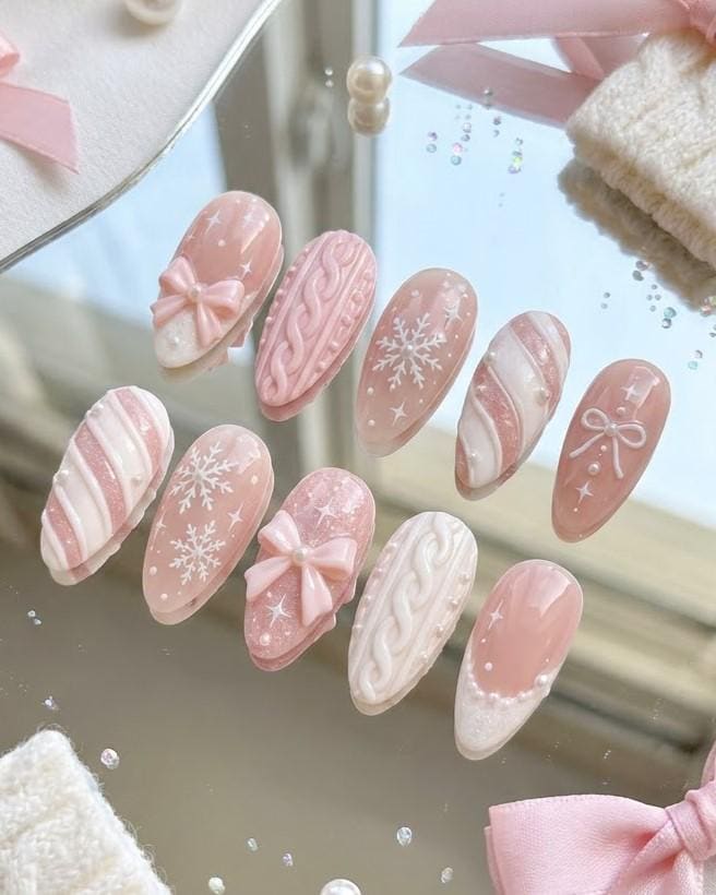 Blush Pink Christmas Nails With Bow, Cable-Knit Texture, Snowflakes and French Tips