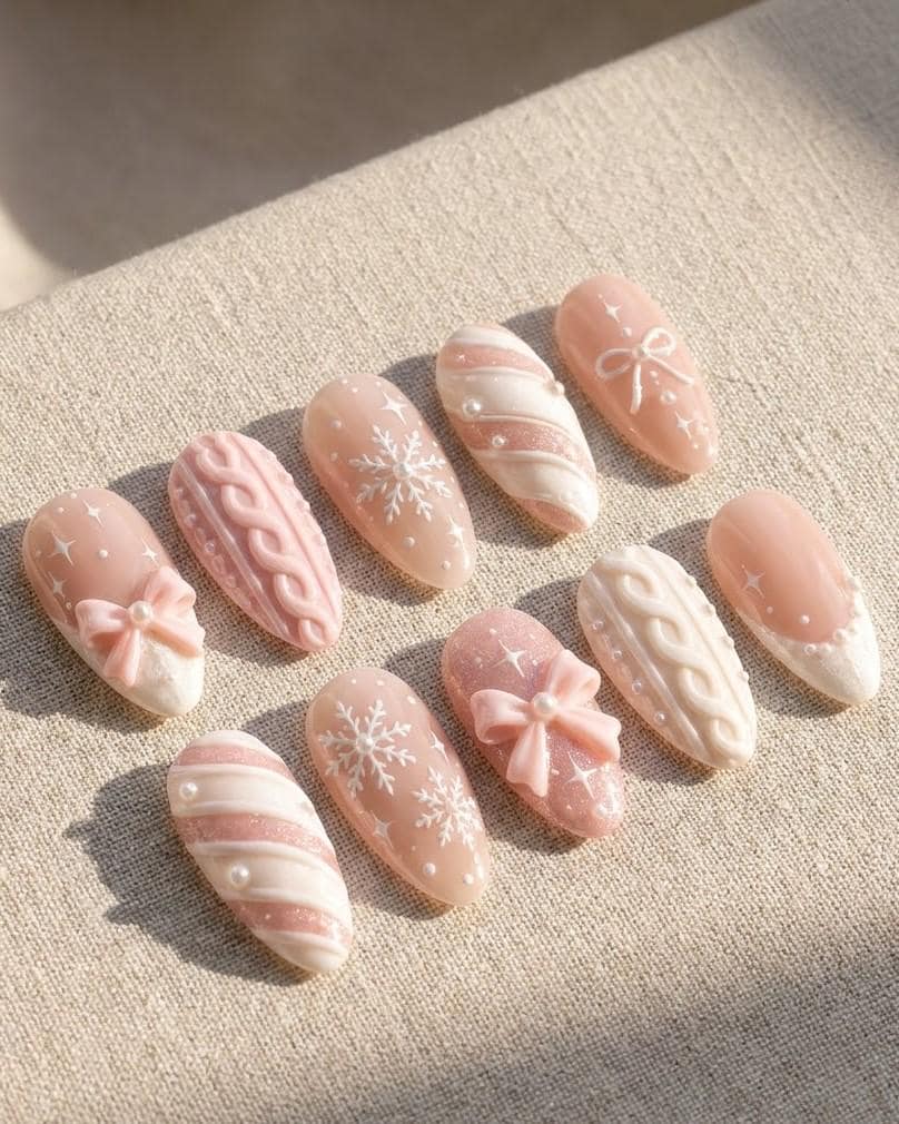 Blush Pink Christmas Nails With Bow, Cable-Knit Texture, Snowflakes and French Tips