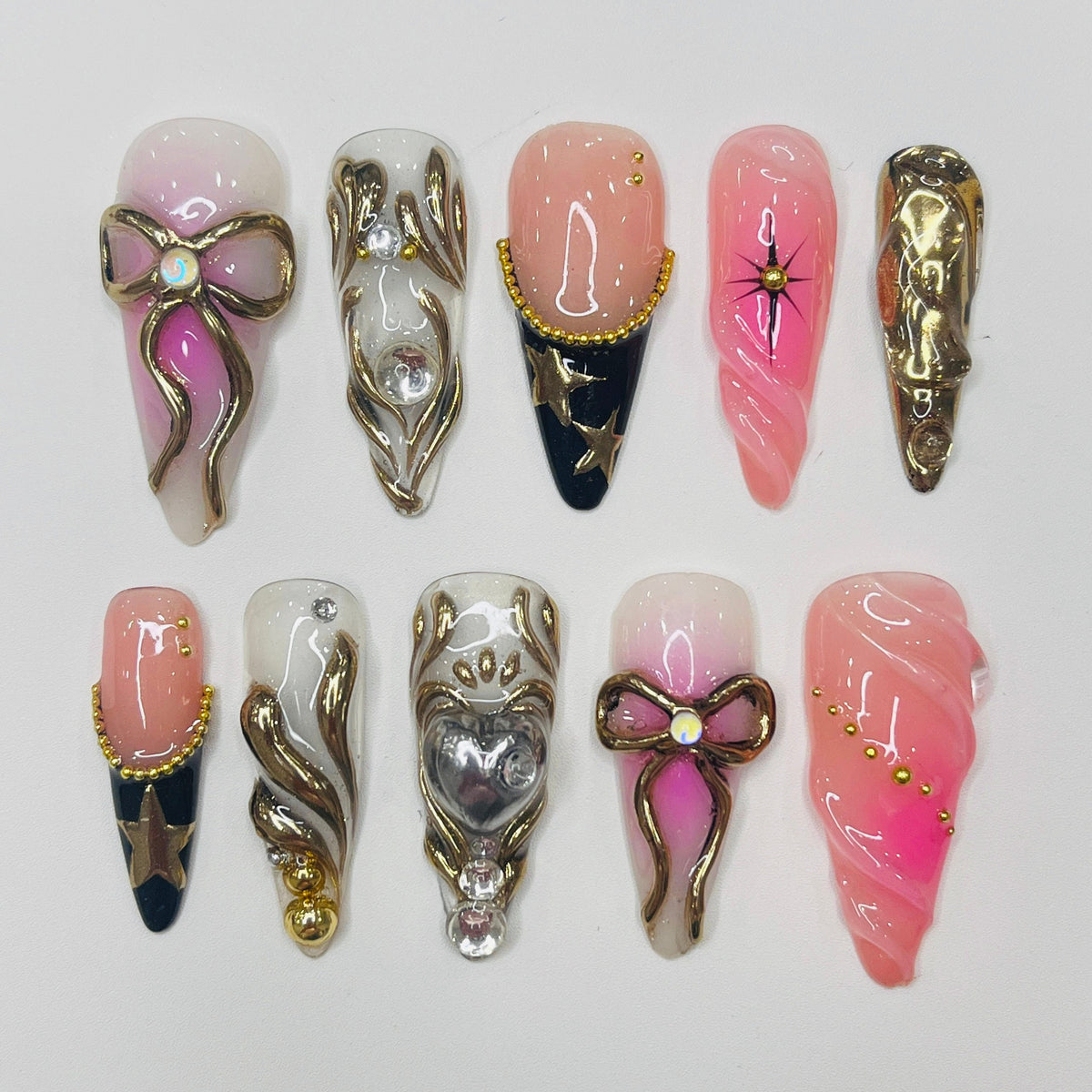 Blush Pink Fairy Tale Press On Nails With Sculpted Gold Details, Bows and Star Tips