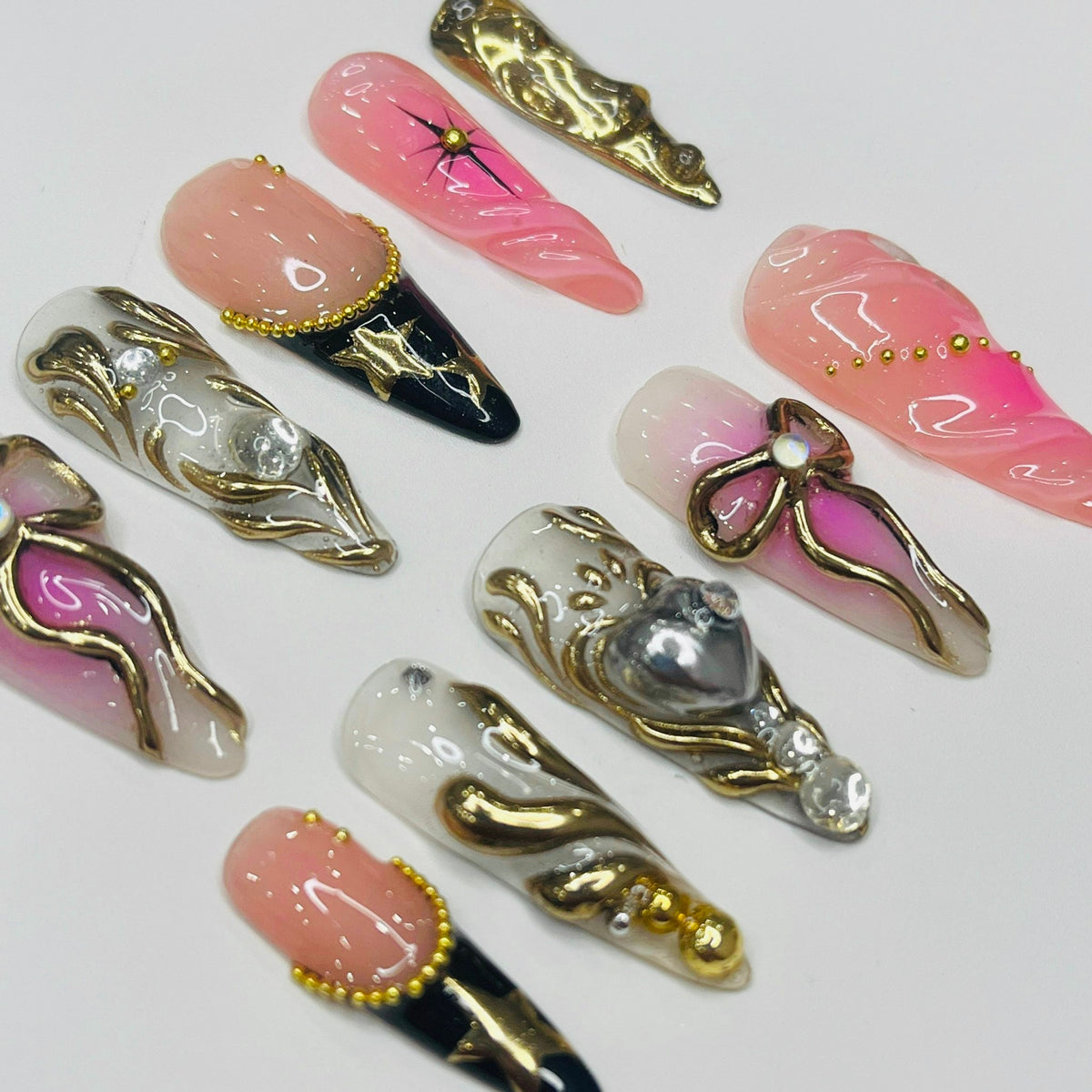Blush Pink Fairy Tale Press On Nails With Sculpted Gold Details, Bows and Star Tips