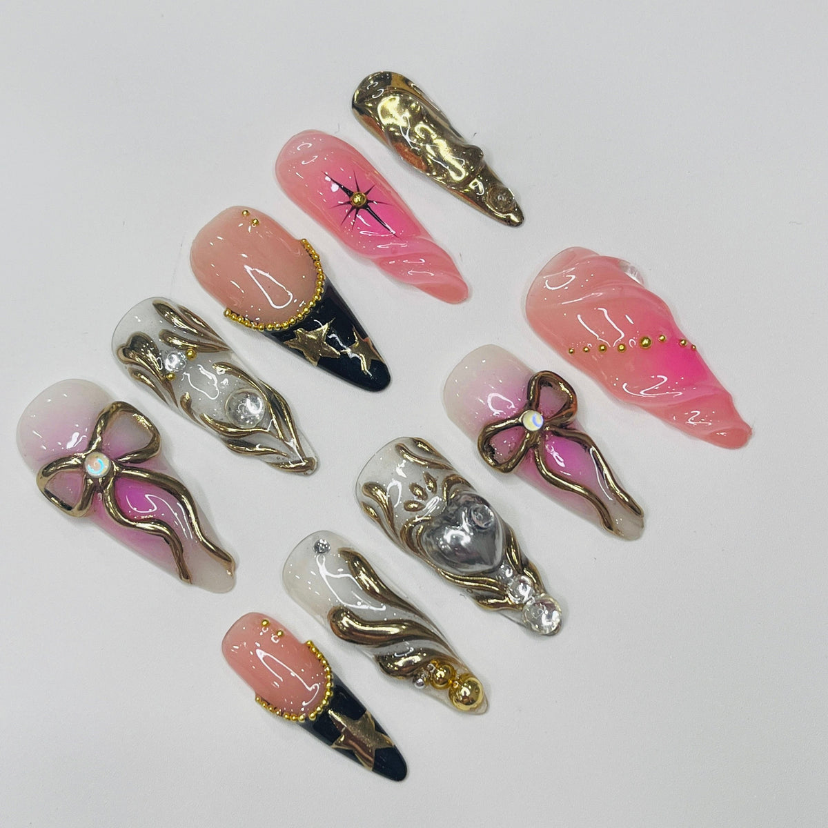 Blush Pink Fairy Tale Press On Nails With Sculpted Gold Details, Bows and Star Tips