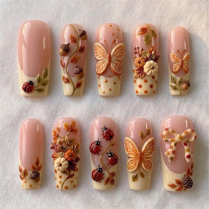 Blush Pink Fall Press On Nails With Ivory Tips, 3D Butterflies, Flowers and Ladybugs