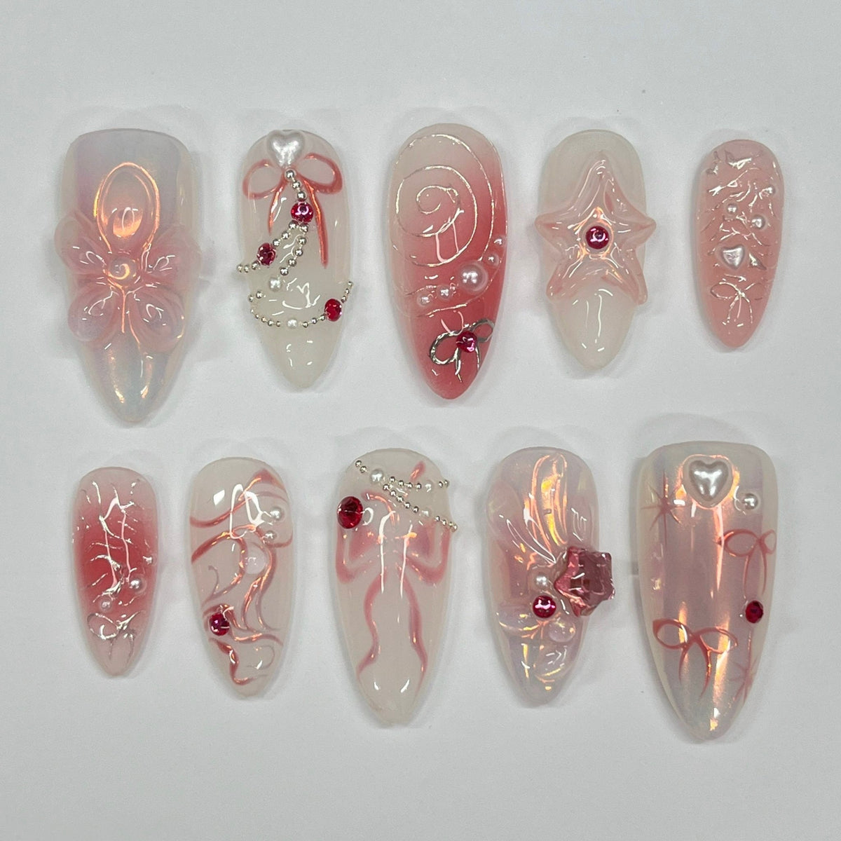 Blush Pink Floral and Bow Press On Nails with Rhinestones