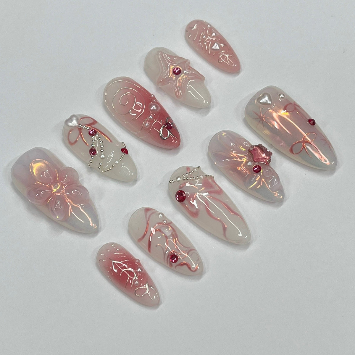 Blush Pink Floral and Bow Press On Nails with Rhinestones