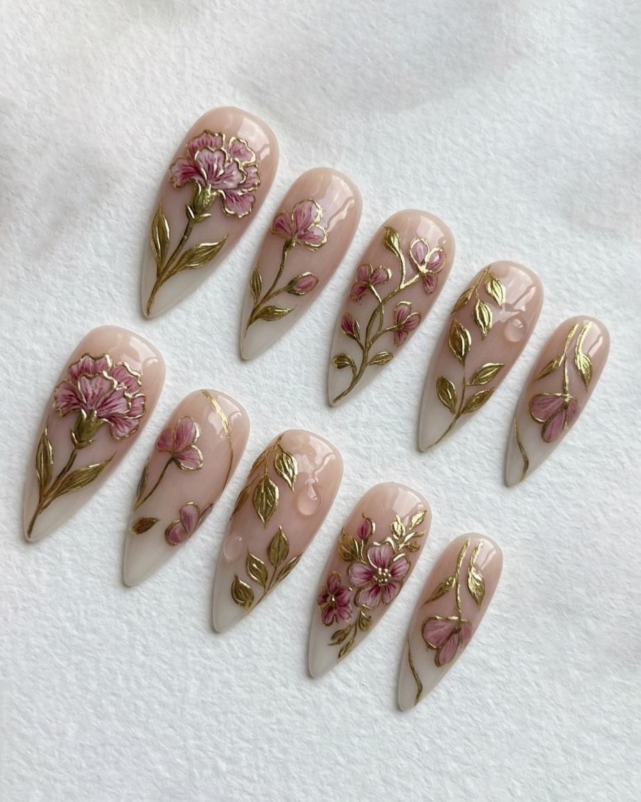 Blush Pink Floral Bridal Press On Nails with Raised Flowers and Gold Botanical Details