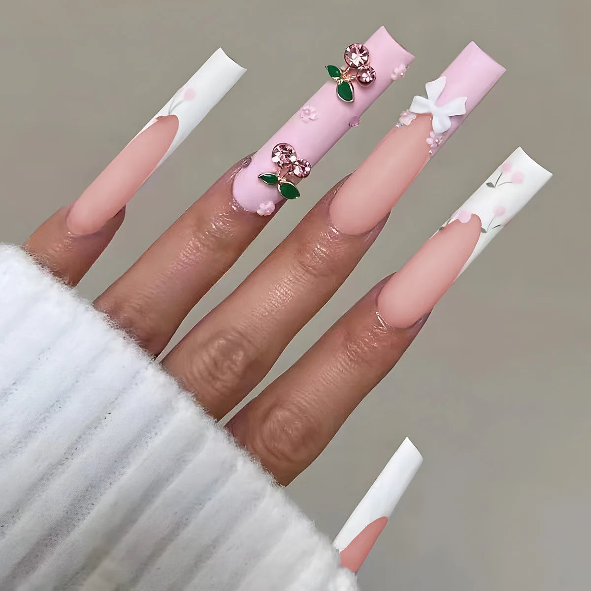 Blush Pink Floral French Tip Nails With 3D Bows and Rhinestone Charms