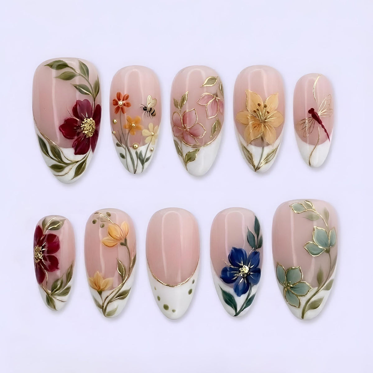 Blush Pink Floral French Tip Nails With Bees, Dragonflies, and Gold Details