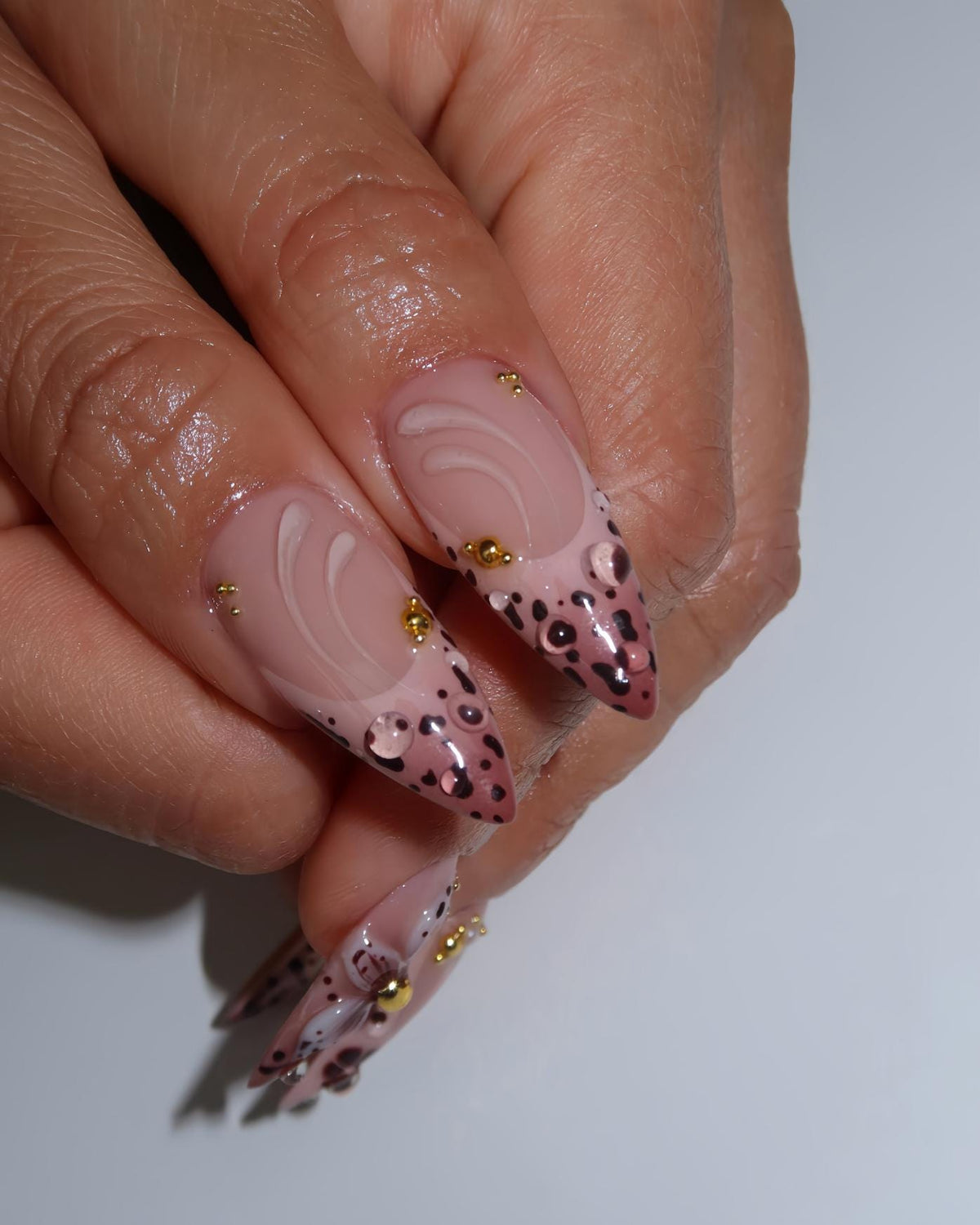 Blush Pink Floral Nail Set with Burgundy Spots and Gold Studs