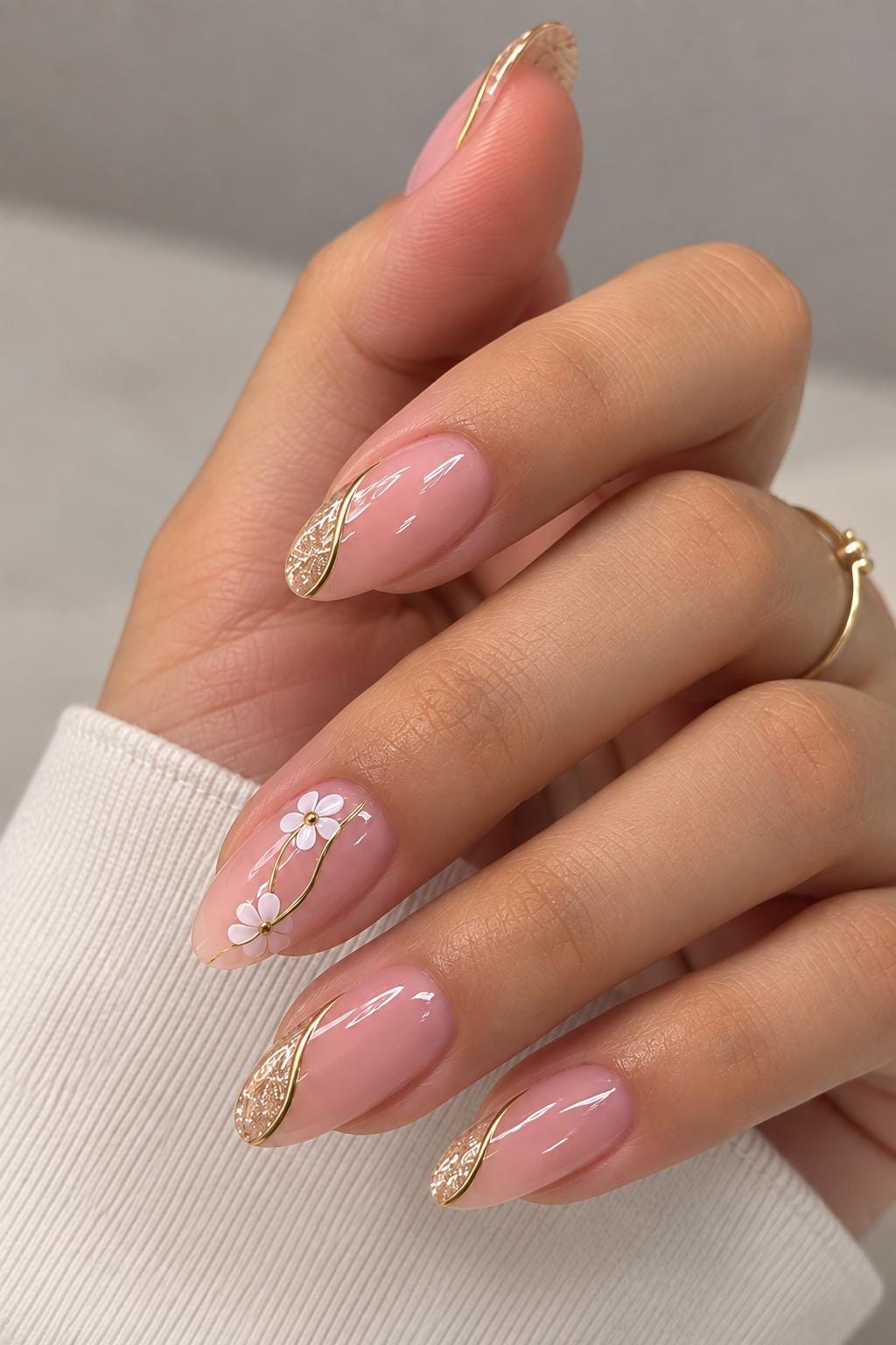 Blush Pink Floral Nails with Gold Glitter and Chrome Tips