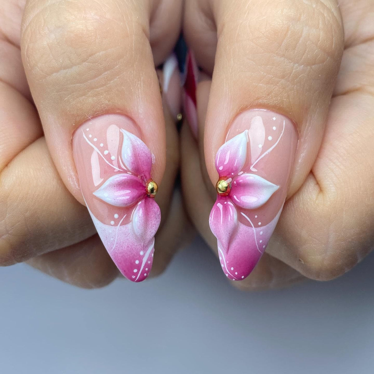 Blush Pink Floral Press-On Nails with 3D Flowers and Gold Starburst Accents