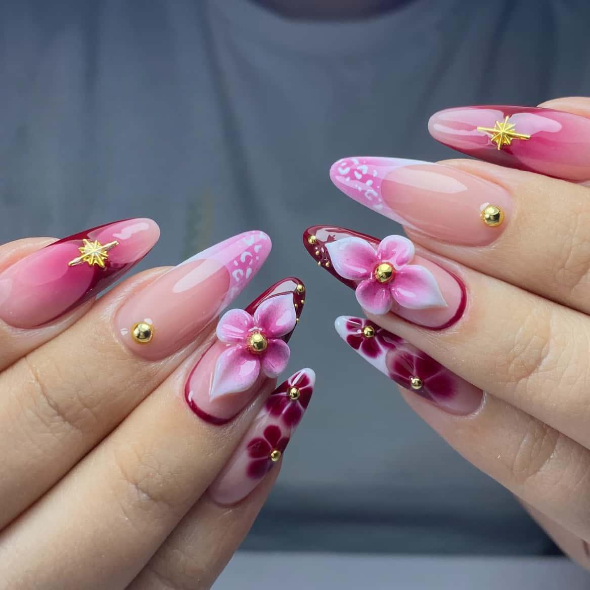 Blush Pink Floral Press-On Nails with 3D Flowers and Gold Starburst Accents