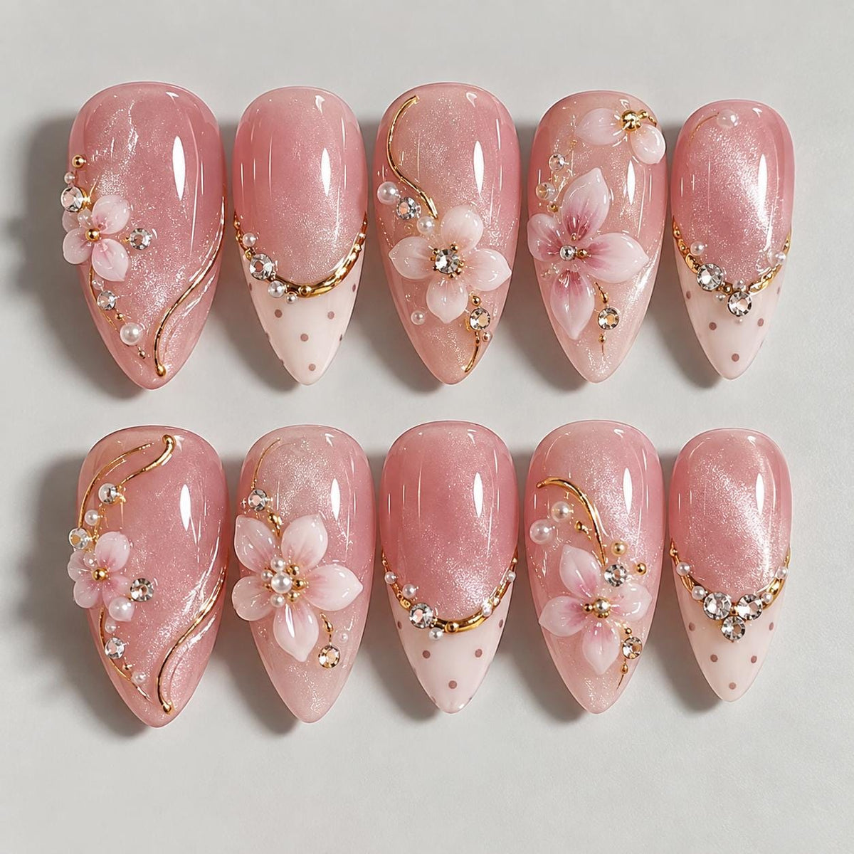 Blush Pink Floral Press On Nails with 3D Flowers, Pearls and Gold Accents