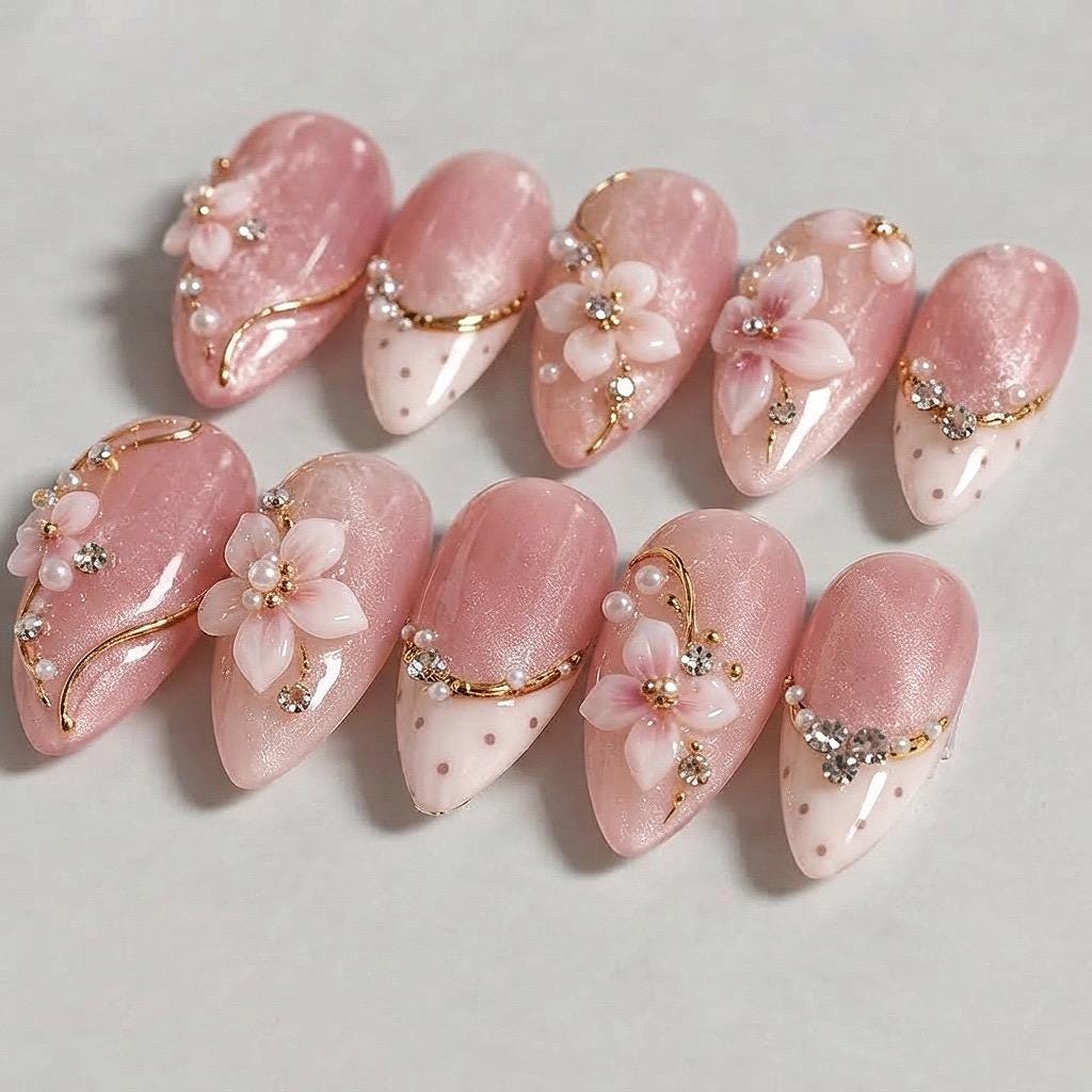 Blush Pink Floral Press On Nails with 3D Flowers, Pearls and Gold Accents