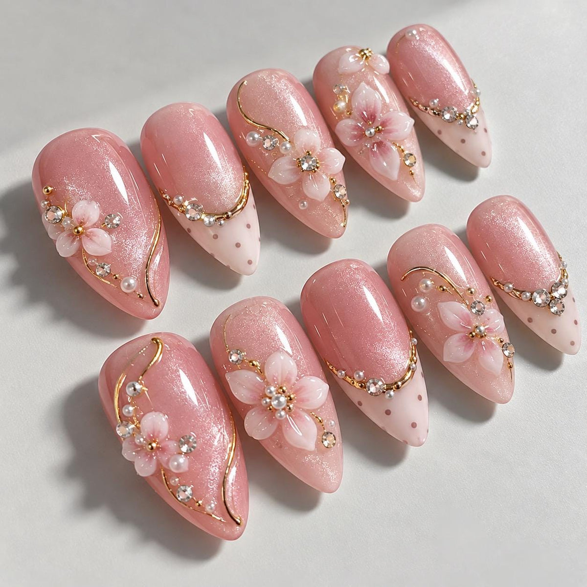 Blush Pink Floral Press On Nails with 3D Flowers, Pearls and Gold Accents