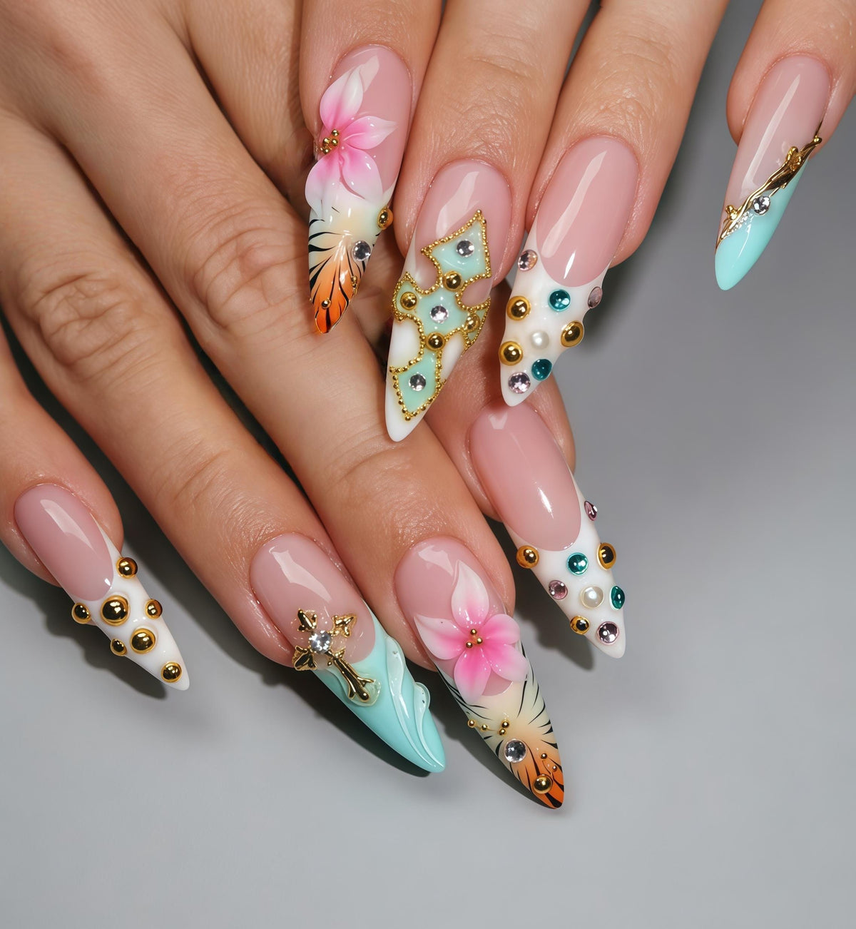 Blush Pink Floral Press On Nails with Mint Tips and Jeweled Gold Details