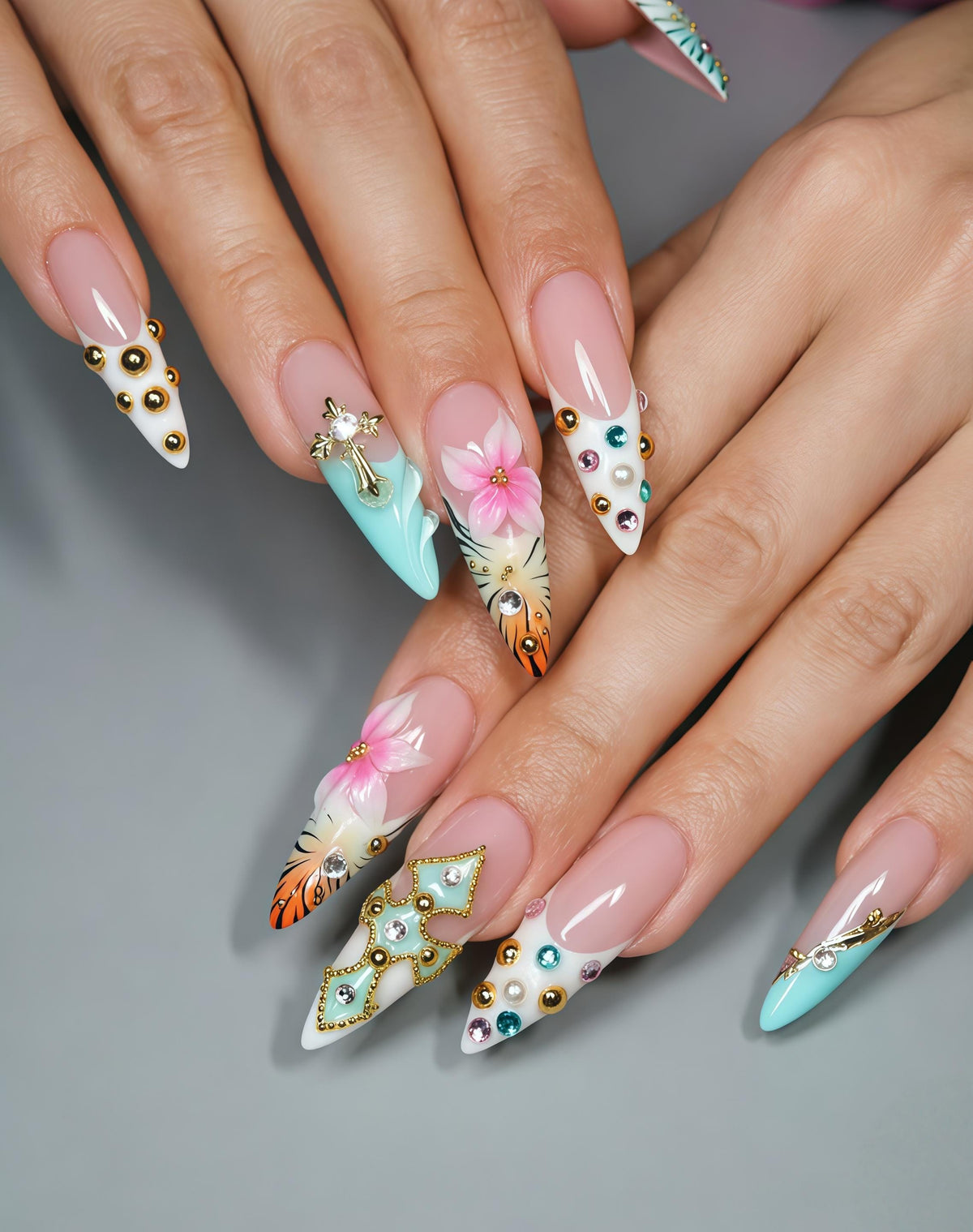 Blush Pink Floral Press On Nails with Mint Tips and Jeweled Gold Details