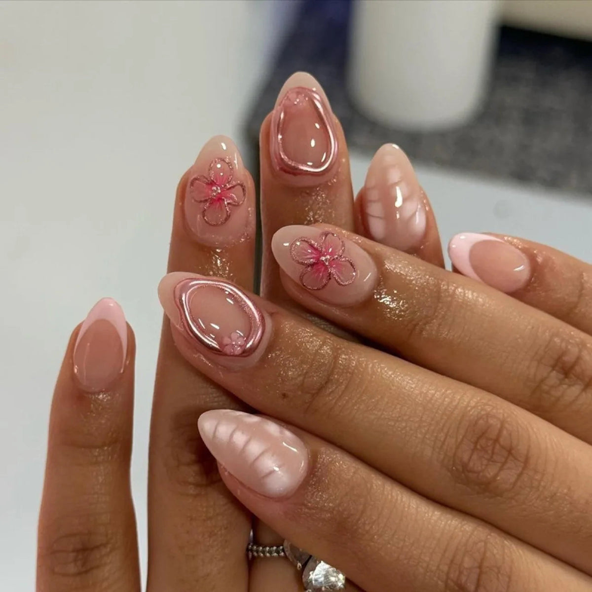 Blush Pink Floral Press-On Nails with Raised Flowers and Curved Accents